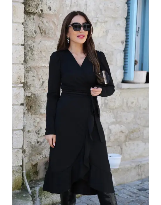 Krep Kumaş Midi Boy Kuşaklı Uzunkol Elbise 113 Cm