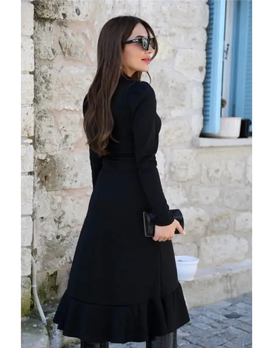 Krep Kumaş Midi Boy Kuşaklı Uzunkol Elbise 113 Cm