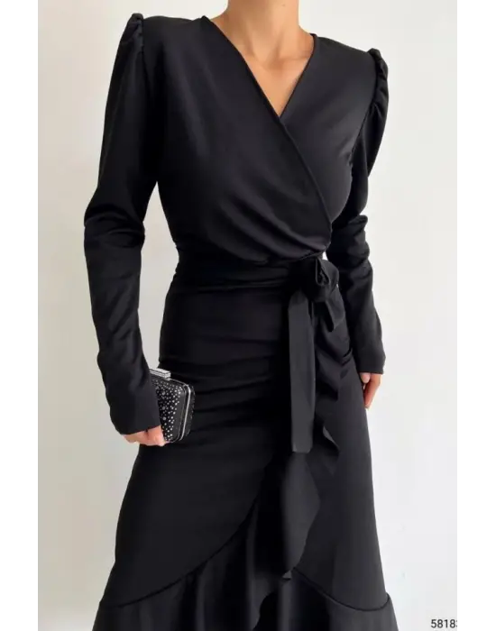 Krep Kumaş Midi Boy Kuşaklı Uzunkol Elbise 113 Cm