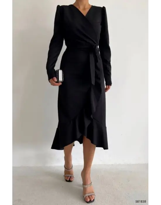 Krep Kumaş Midi Boy Kuşaklı Uzunkol Elbise 113 Cm