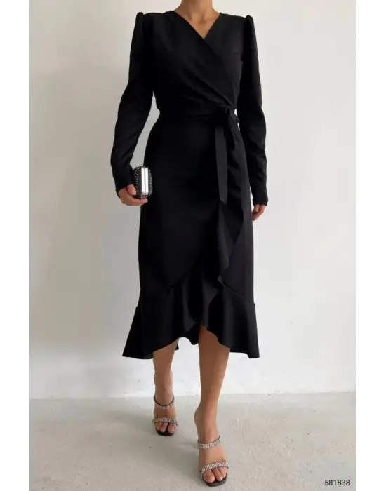 Omarı Krep Kumaş Midi Boy Kuşaklı Elbise