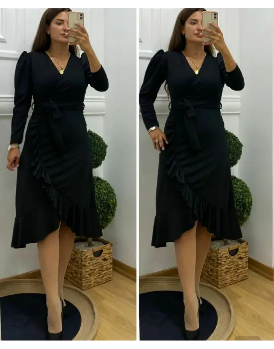 Krep Kumaş Midi Boy Kuşaklı Uzunkol Elbise 113 Cm