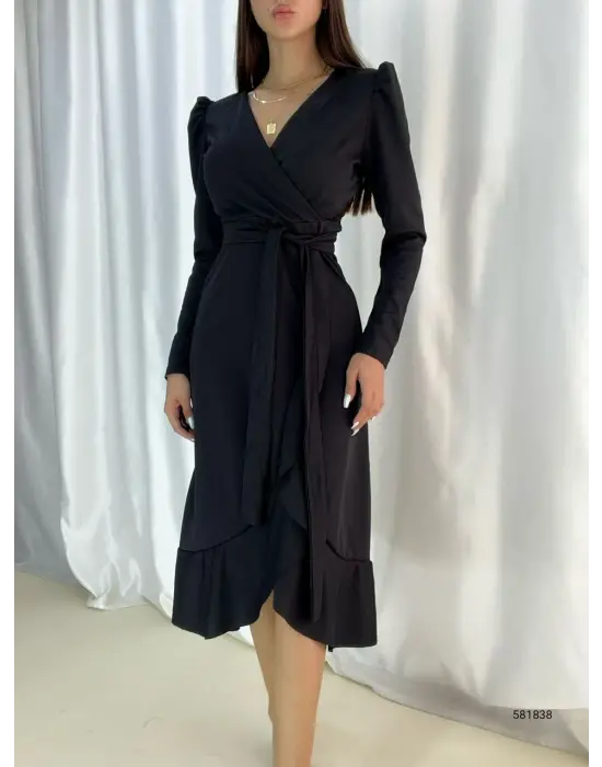 Krep Kumaş Midi Boy Kuşaklı Uzunkol Elbise 113 Cm