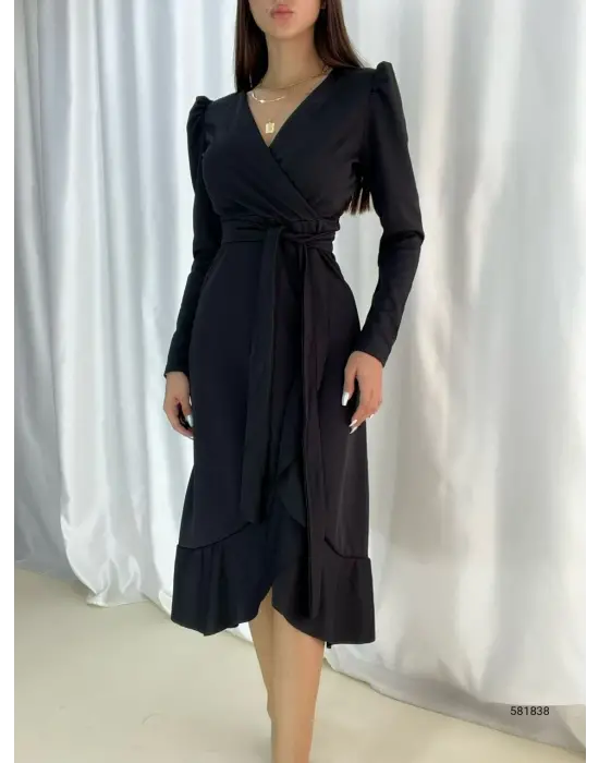 Omarı Krep Kumaş Midi Boy Kuşaklı Elbise