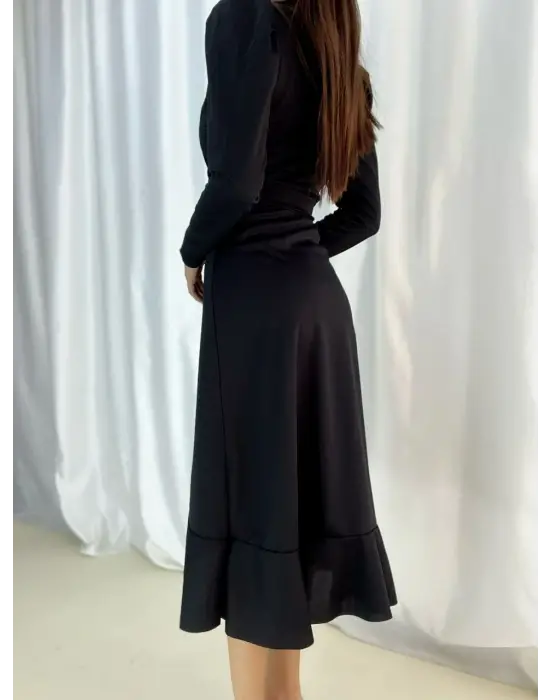 Krep Kumaş Midi Boy Kuşaklı Uzunkol Elbise 113 Cm