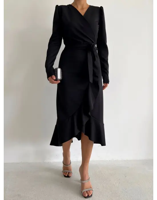 Krep Kumaş Midi Boy Kuşaklı Uzunkol Elbise 113 Cm