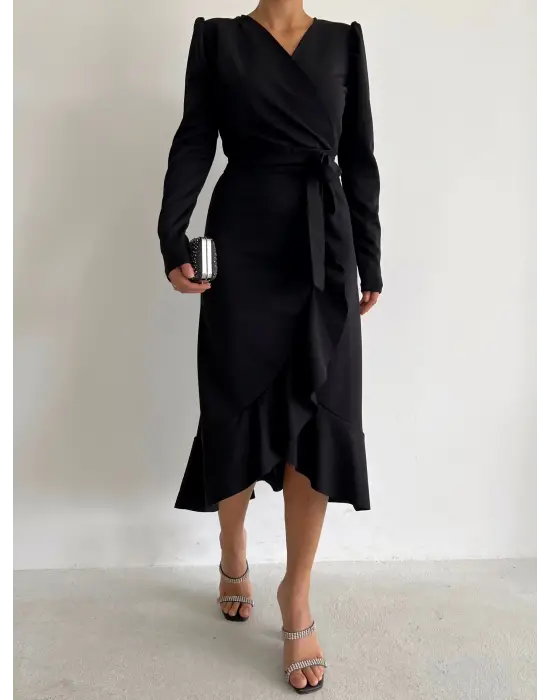 Omarı Krep Kumaş Midi Boy Kuşaklı Elbise