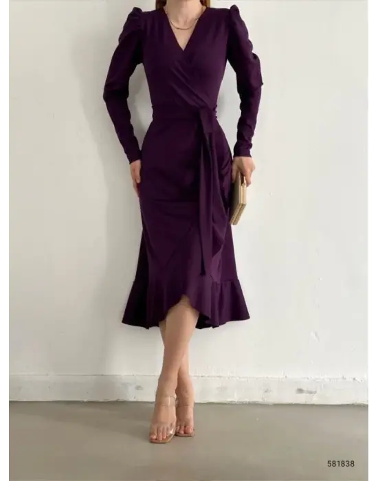 Omarı Zarif Kuşaklı Krep Kumaş Midi Elbise