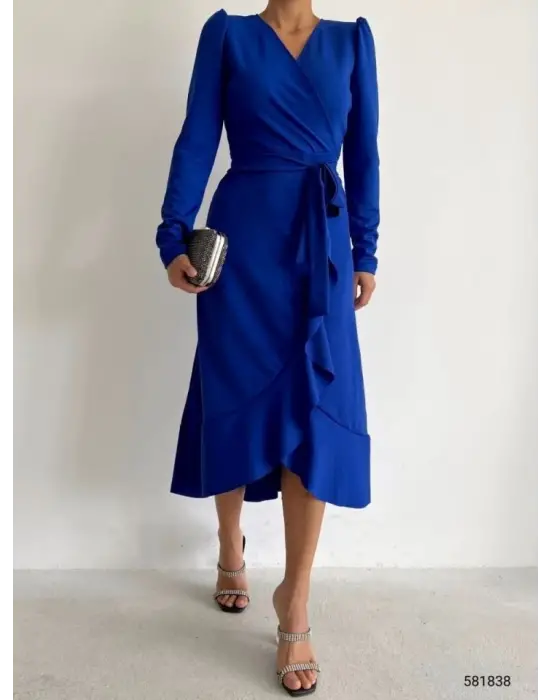 Omarı Krep Kumaş Kuşaklı Midi Elbise