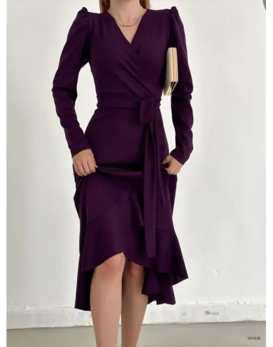 Krep Kumaş Midi Boy Kuşaklı Uzunkol Elbise