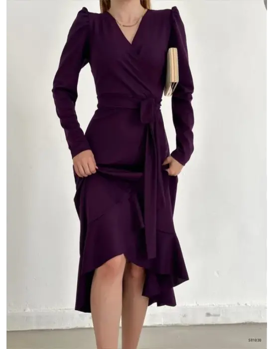 Omarı Zarif Kuşaklı Krep Kumaş Midi Elbise