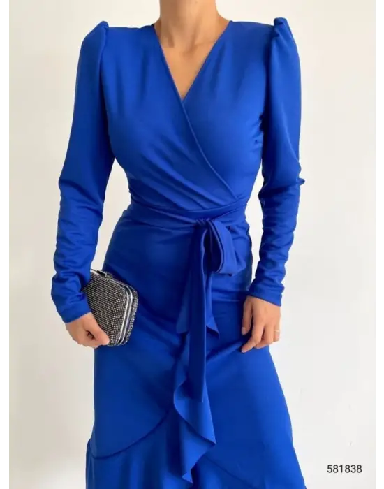 Omarı Krep Kumaş Kuşaklı Midi Elbise