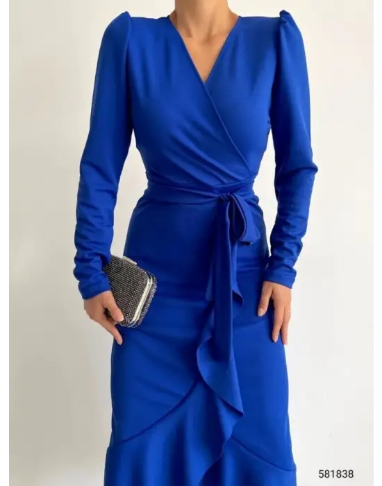 Omarı Krep Kumaş Kuşaklı Midi Elbise