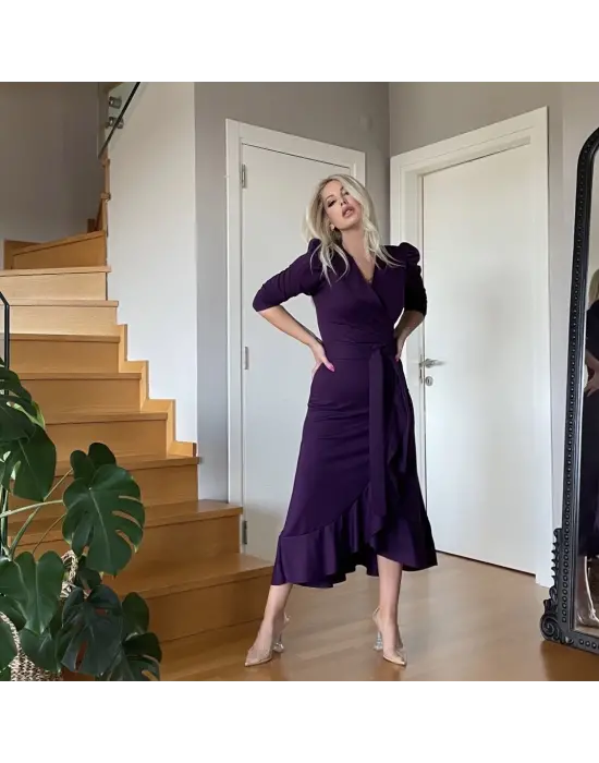 Omarı Zarif Kuşaklı Krep Kumaş Midi Elbise