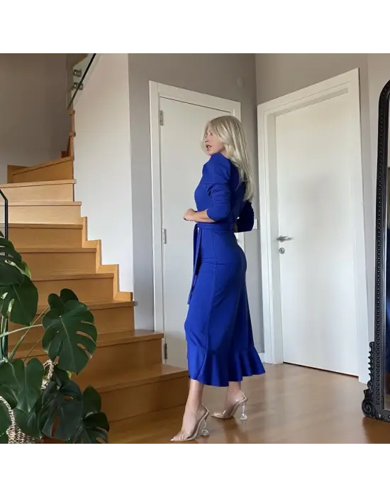 Omarı Krep Kumaş Kuşaklı Midi Elbise