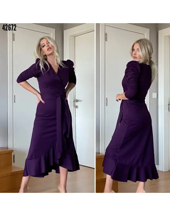 Omarı Zarif Kuşaklı Krep Kumaş Midi Elbise