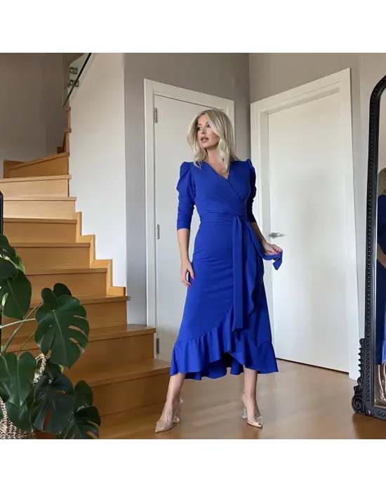 Omarı Krep Kumaş Kuşaklı Midi Elbise