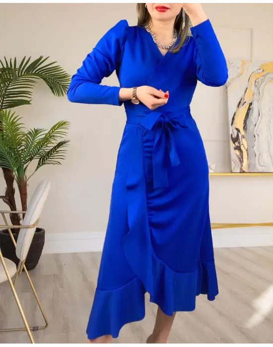 Omarı Krep Kumaş Kuşaklı Midi Elbise