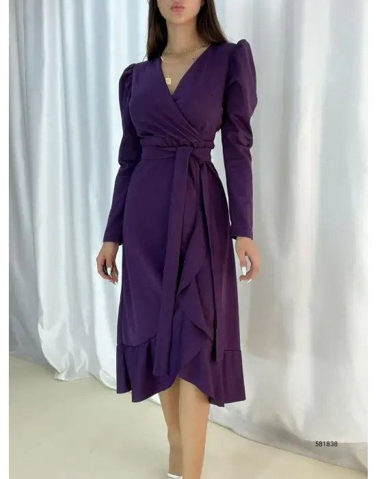 Omarı Zarif Kuşaklı Krep Kumaş Midi Elbise