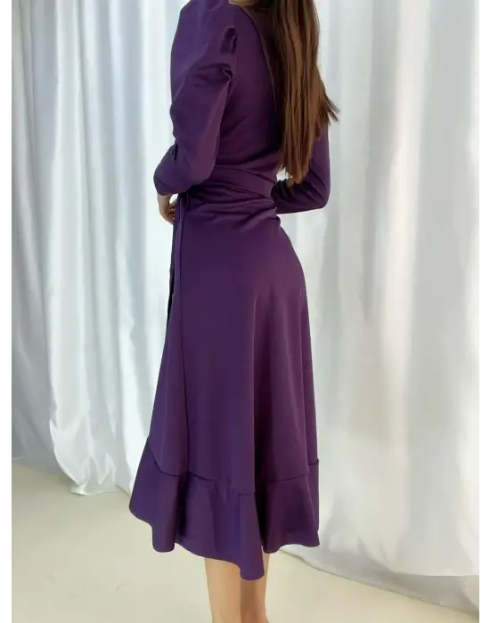 Krep Kumaş Midi Boy Kuşaklı Uzunkol Elbise