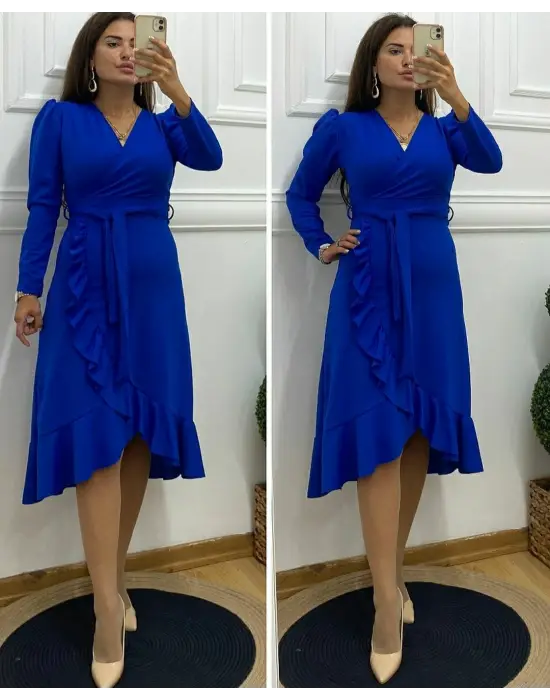 Omarı Krep Kumaş Kuşaklı Midi Elbise