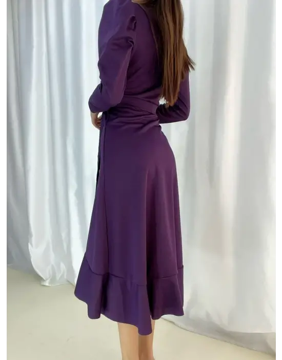 Omarı Zarif Kuşaklı Krep Kumaş Midi Elbise