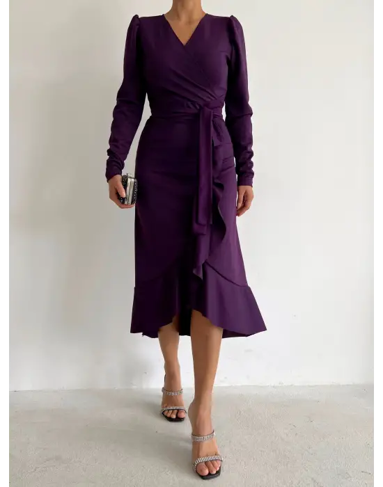 Omarı Zarif Kuşaklı Krep Kumaş Midi Elbise