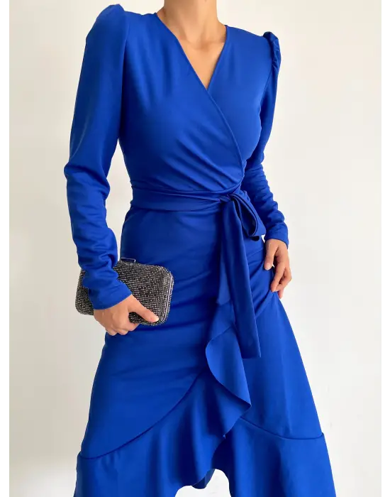 Omarı Krep Kumaş Kuşaklı Midi Elbise