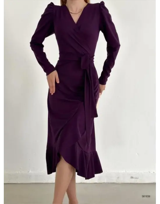 Krep Kumaş Midi Boy Kuşaklı Uzunkol Elbise