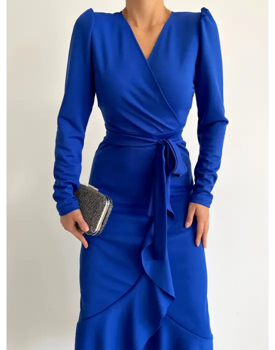 Omarı Krep Kumaş Kuşaklı Midi Elbise