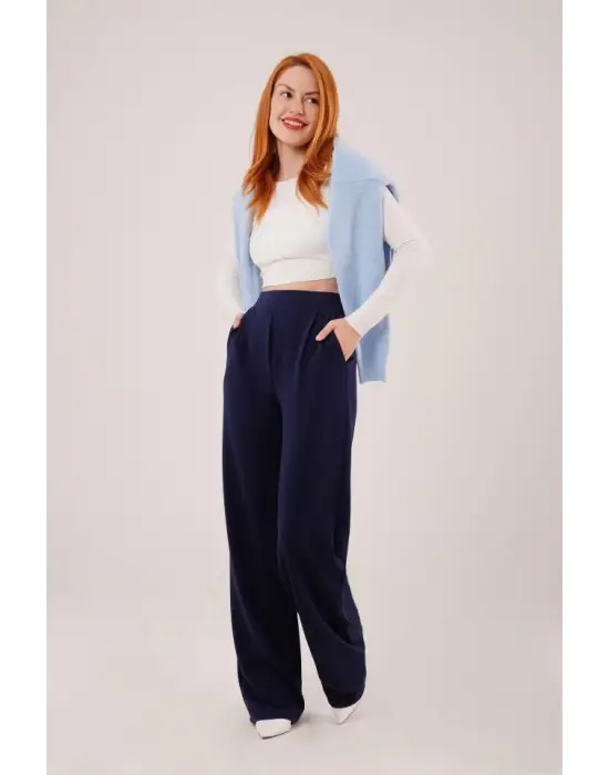 Omarı Bol Paça Lacivert Krep Kumaş Pantolon