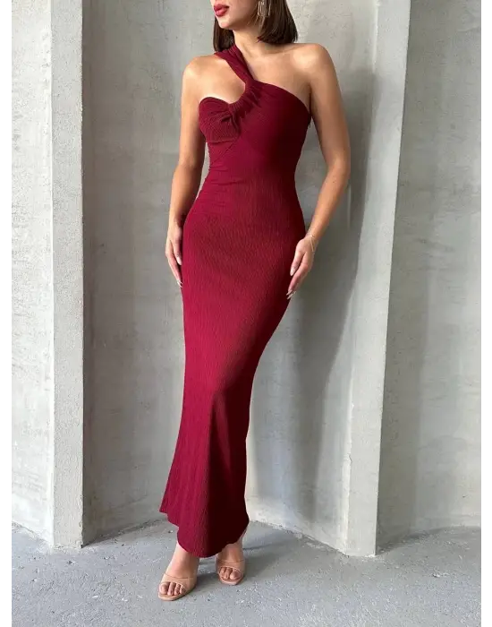 Şık Krinkıl Tek Omuz Elbise (Bordo)