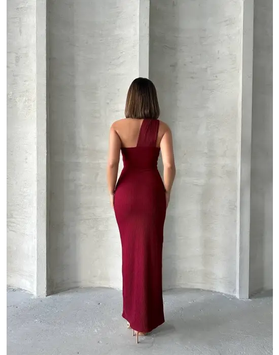 Şık Krinkıl Tek Omuz Elbise (Bordo)