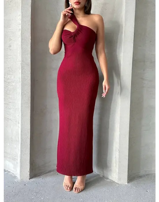 Şık Krinkıl Tek Omuz Elbise (Bordo)