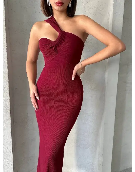 Şık Krinkıl Tek Omuz Elbise (Bordo)