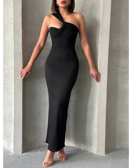Omarı Şık Krinkıl Tek Omuz Siyah Uzun Elbise