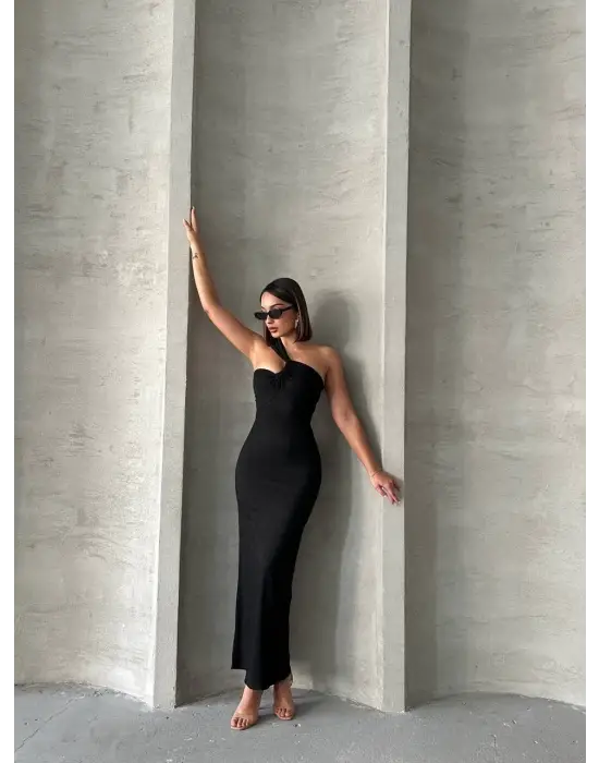 Omarı Şık Krinkıl Tek Omuz Siyah Uzun Elbise