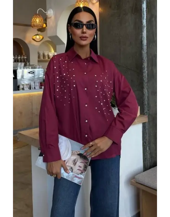 Omarı Kristal Taş Detaylı Poplin Gömlek