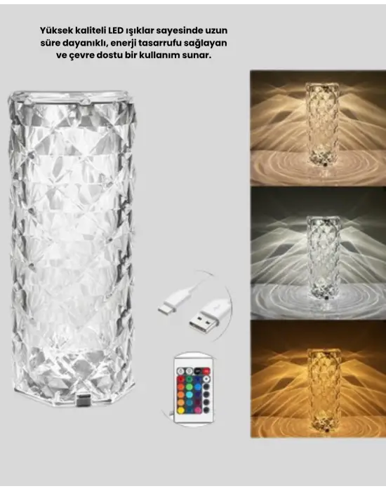 Kristal Tasarımlı Rgb Led Gece Lambası – Kumandalı, Renk Değiştiren Dekoratif Işık