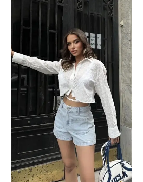 Omarı Derin Sırt Dekolte Crop Gömlek