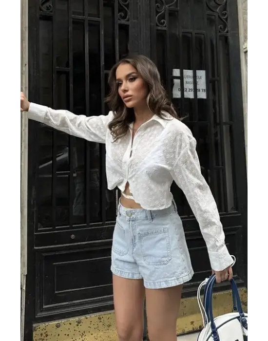 Omarı Derin Sırt Dekolte Crop Gömlek