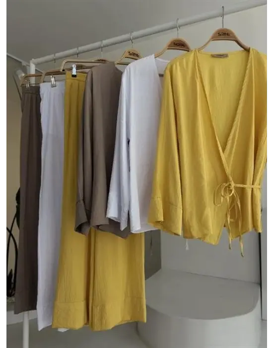 Kruvaze Model Klasik Pantolonlu Çupra Keten Takım 10191