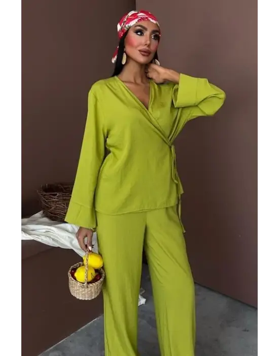 Kruvaze Model Klasik Pantolonlu Çupra Keten Takım 10191