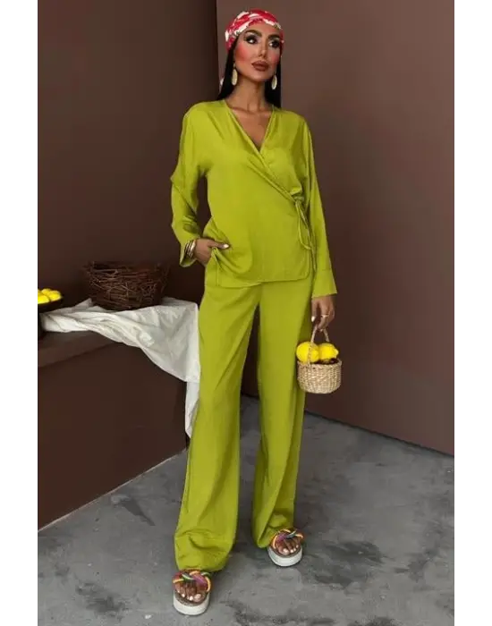 Kruvaze Model Klasik Pantolonlu Çupra Keten Takım 10191