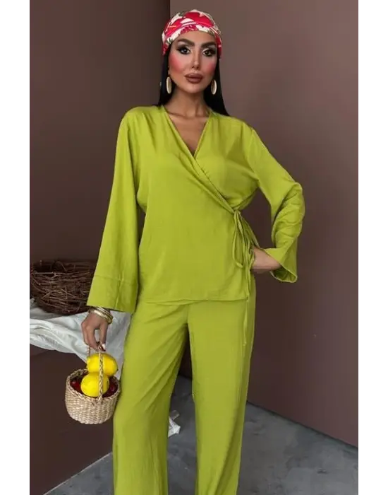 Kruvaze Model Klasik Pantolonlu Çupra Keten Takım 10191