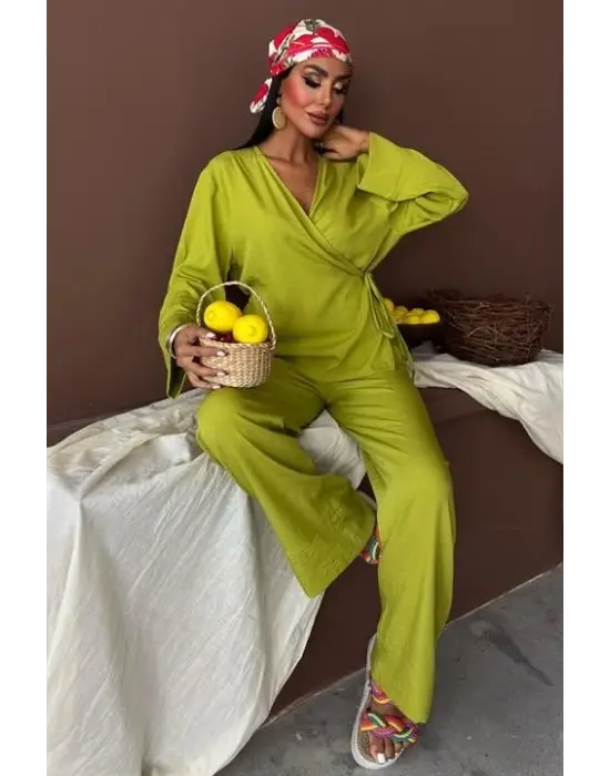 Kruvaze Model Klasik Pantolonlu Çupra Keten Takım 10191