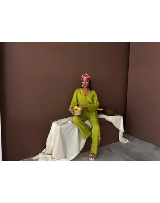 Kruvaze Model Klasik Pantolonlu Çupra Keten Takım 10191