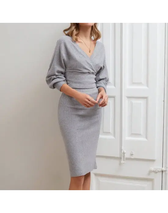 Kruvaze şardonlu etekli takım gri