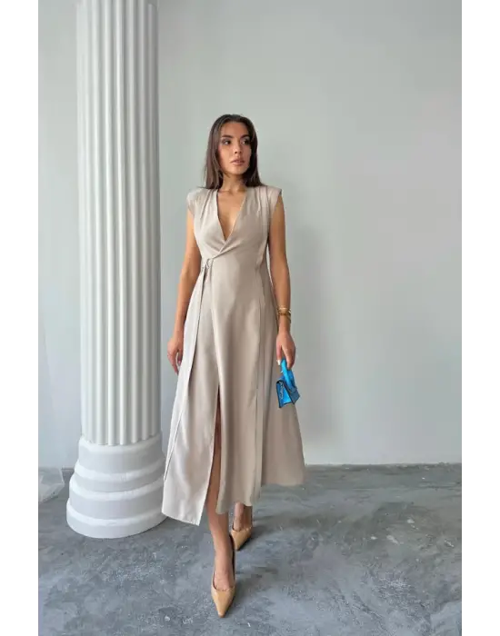 KRUVAZE VATKALI KOLSUZ ELBİSE MODAL KUMAŞ - Bej