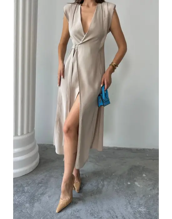 KRUVAZE VATKALI KOLSUZ ELBİSE MODAL KUMAŞ - Bej